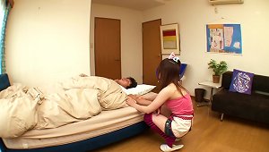 Miku Airi, Wearing Shorts, Gives Hand To A Horny Man In A Bedroom