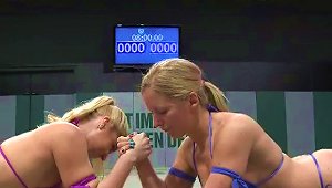 Naturally Busty Blondes Wrestle With Strapons On