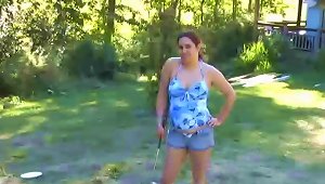 Chubby Lady Wearing Shorts Likes Playing Naked Golf Outdoors