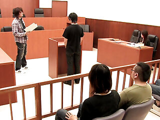 Horny Japanese Babe Gets Fucked By Three Hard Cocks In The Court Room