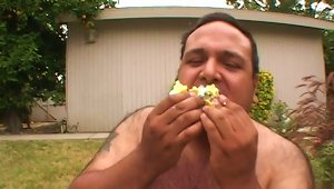 Gross Fat Guy Eats Food As He Fucks A Skinny Cutie