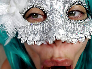 Making Ahegao Faces In Cosplay Costume And Face Mask Sucking Dildo In 4k