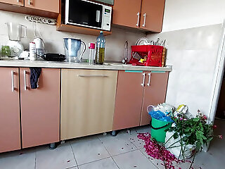 Sexy Naked Woman Preparing Food In The Kitchen. Hairy Brown Hair, Big Ass, Big.