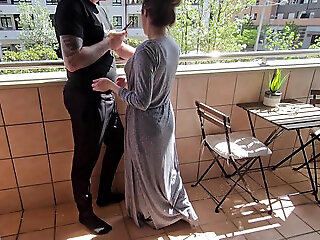 Busty Girl Sucks Her Friend's Cock On A Hotel Balcony!! Risky Sex!