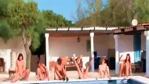 A Bunch Of Chicks Get Naked Out By The Pool And Show Off Their Bodies