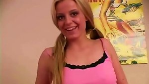 Blonde Slut With Natural Boobs And Pigtails Looks Sexy